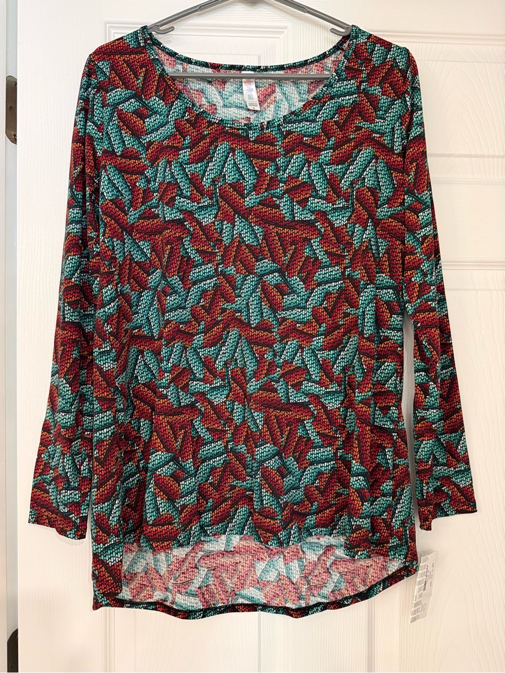 Lularoe Women’s Long Sleeve Printed Scoop Neck Top - Teal & Burgundy